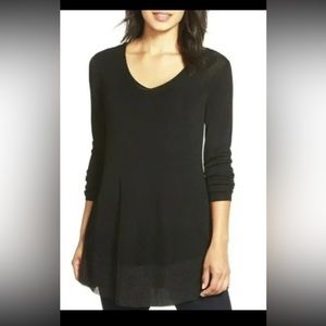 Eileen Fisher System Black Crinkle Shimmer V-Neck Knit Tunic Womens Small Petite